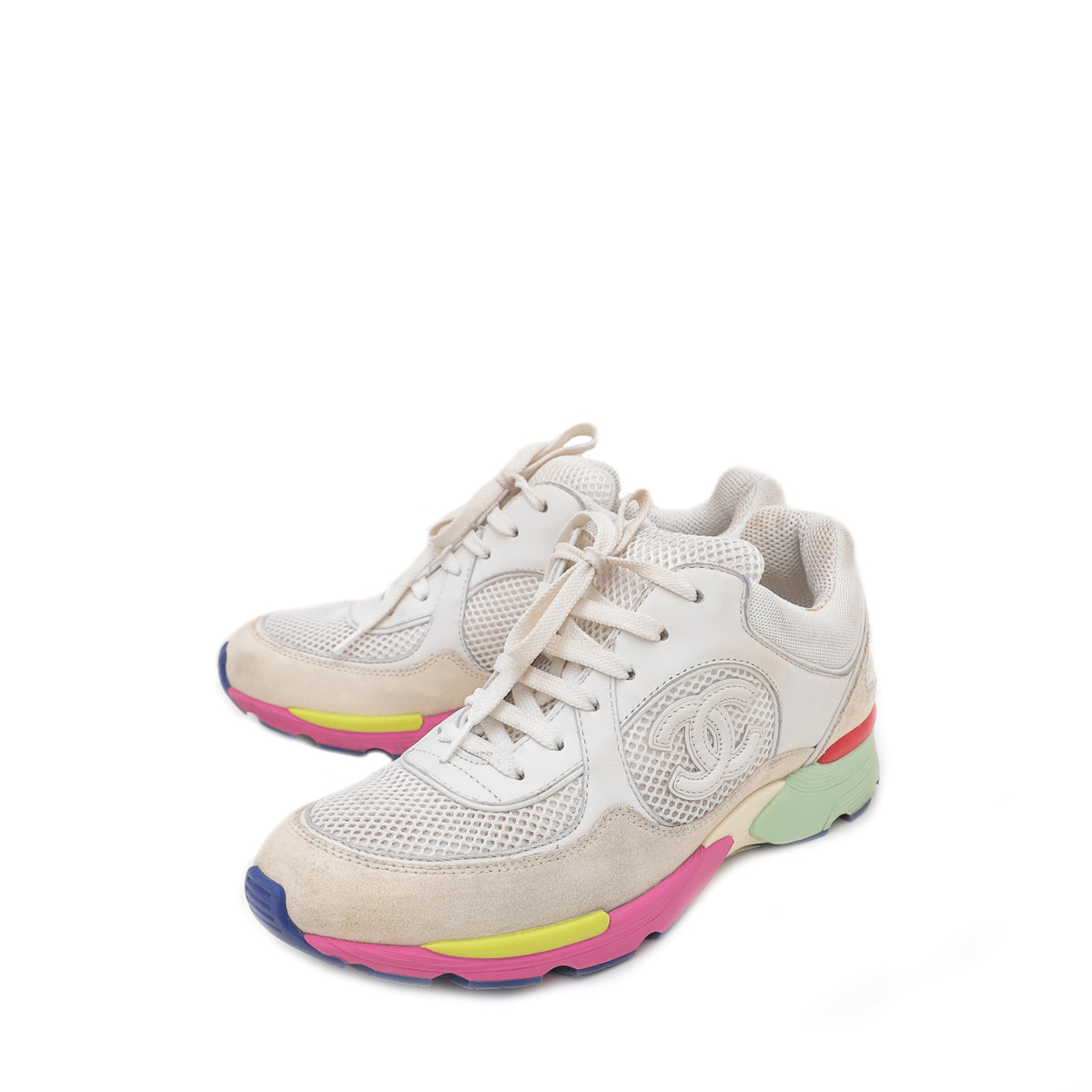 Chanel White Multicolor CC Suede Mesh Sneakers 37.5-Chanel-THE CLOSET
