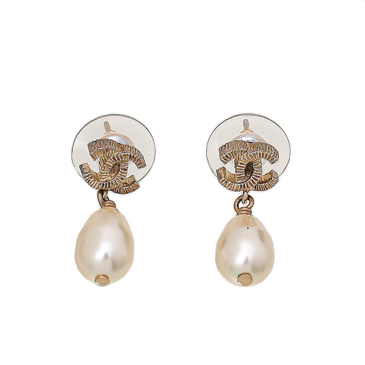 Chanel Gold CC Teardrop Pearl Earrings