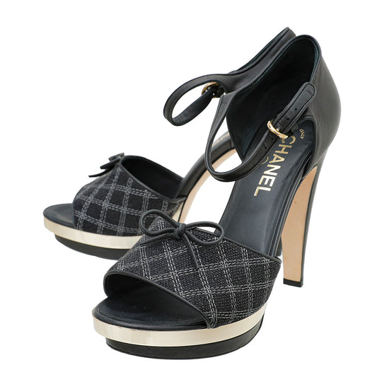 Chanel Black CC Tweed Bow Platform Sandals 39.5