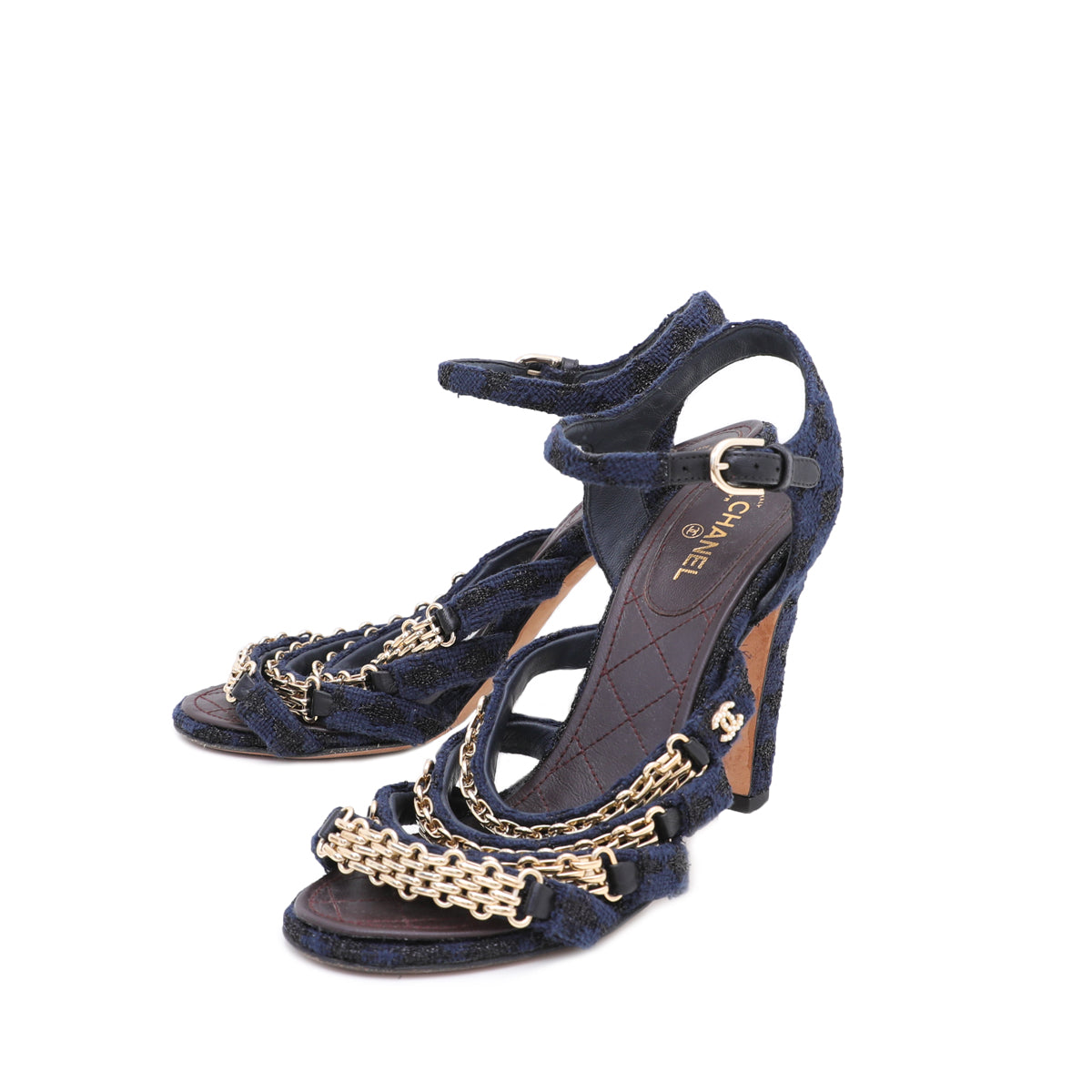 Chanel Navy Blue CC Tweed Reissue Chain Sandals 38.5-Chanel-THE CLOSET