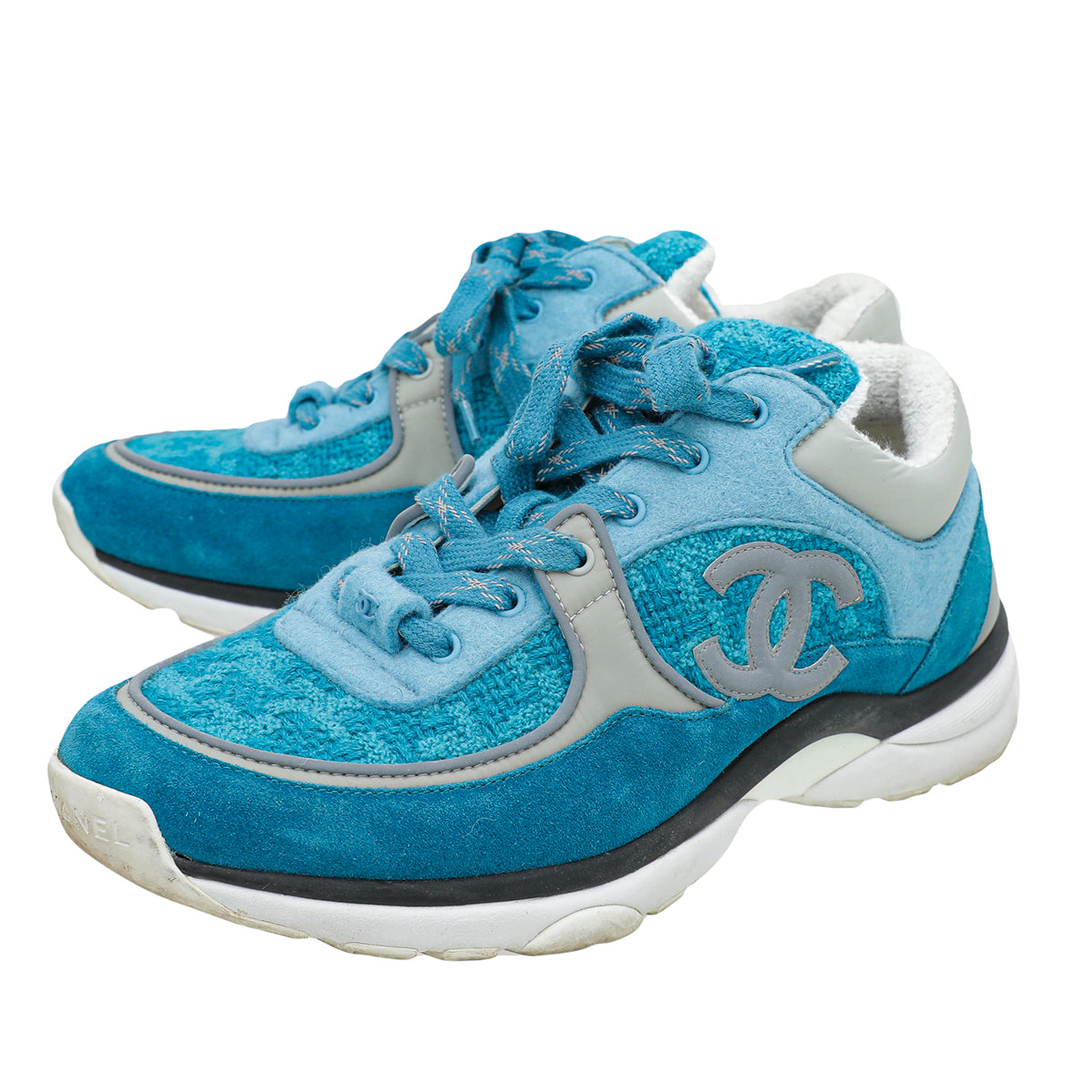 Chanel Blue CC Tweed Suede Nylon Sneakers 38-Chanel-THE CLOSET