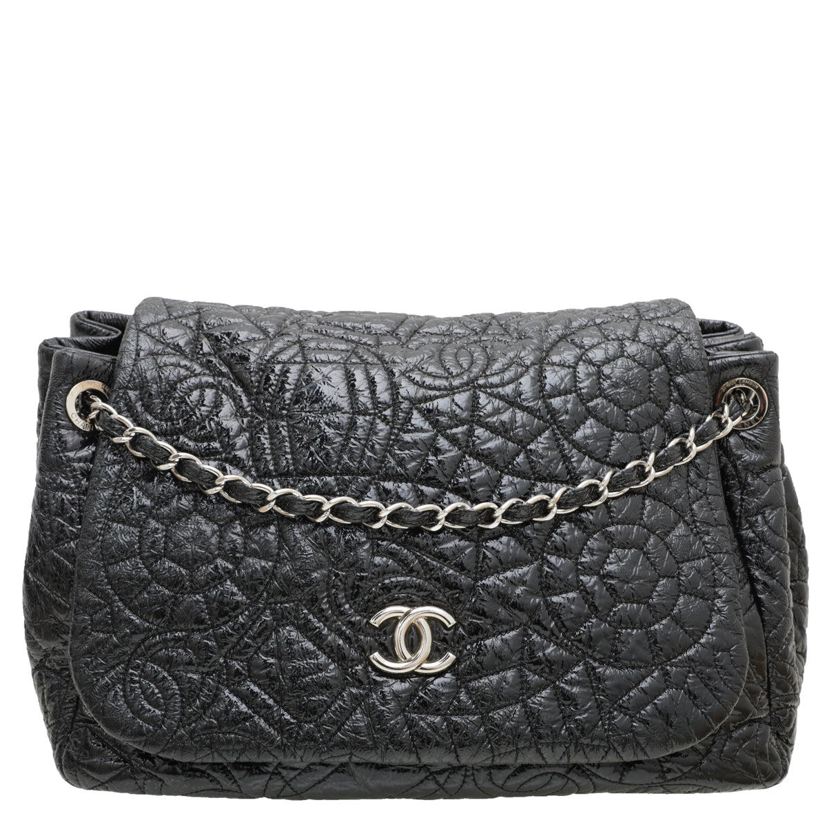 CHANEL Puzzle Black Quilted Patent Leather Flap Bag