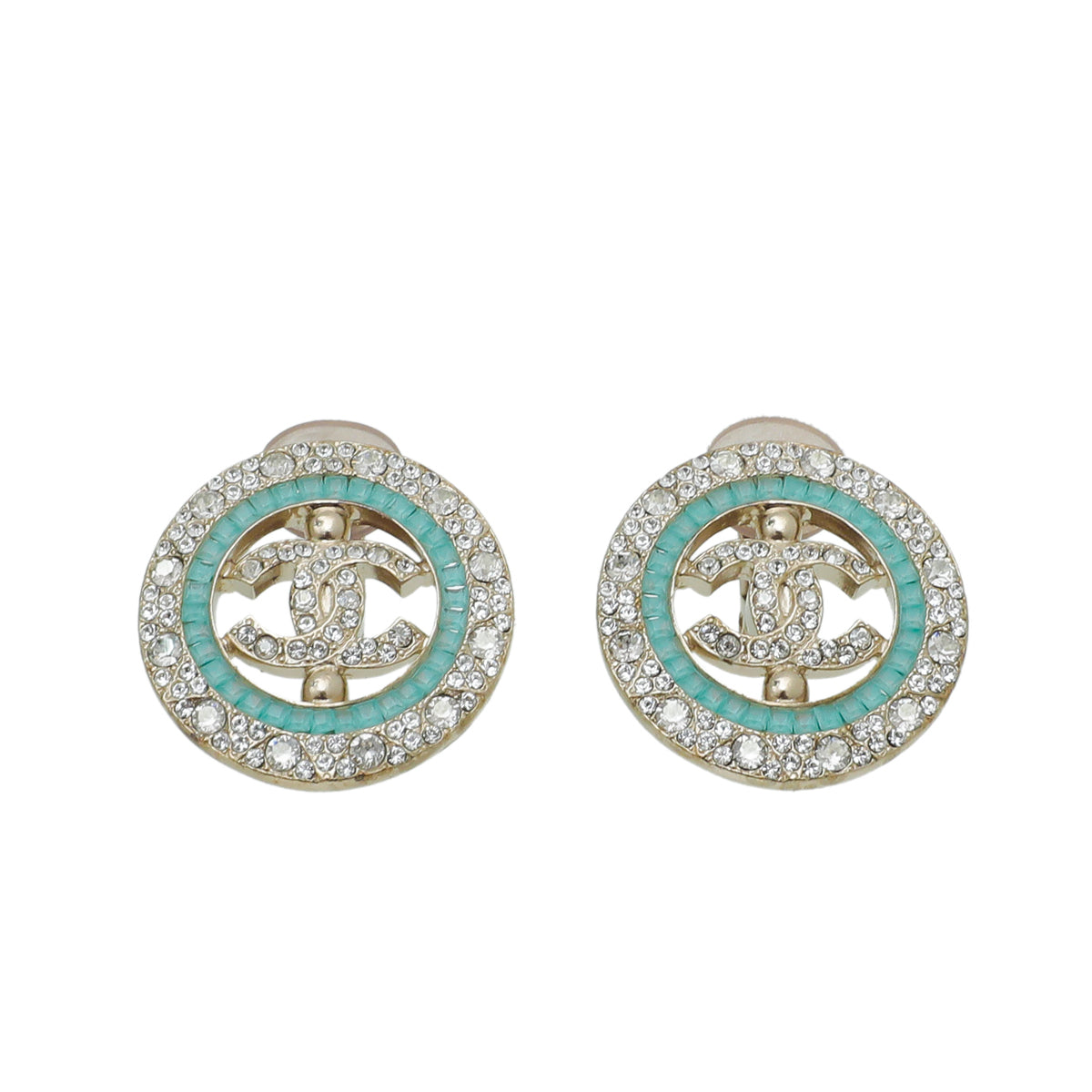 Chanel Light Gold Tone CC W- Crystal & Turquoise Strass Round Clip On Earning-Chanel-THE CLOSET