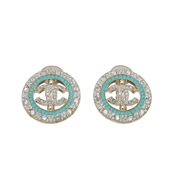 Chanel Light Gold Tone CC W- Crystal & Turquoise Strass Round Clip On Earning