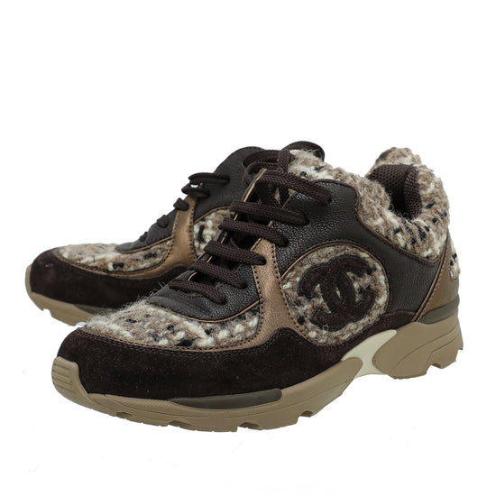 Chanel Brown CC Wool Suede Sneakers 36