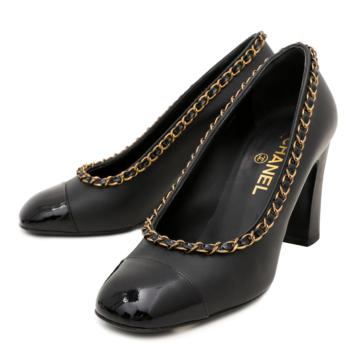 Chanel Black Chain Around Cap Toe Pumps 37.5-Chanel-THE CLOSET