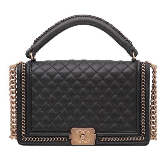 Chanel Black Chain Lined Top Handle Boy Bag