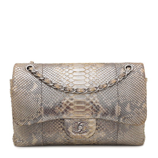 Chanel Blue Metallic Python Jumbo Double Flap Bag with Brushed