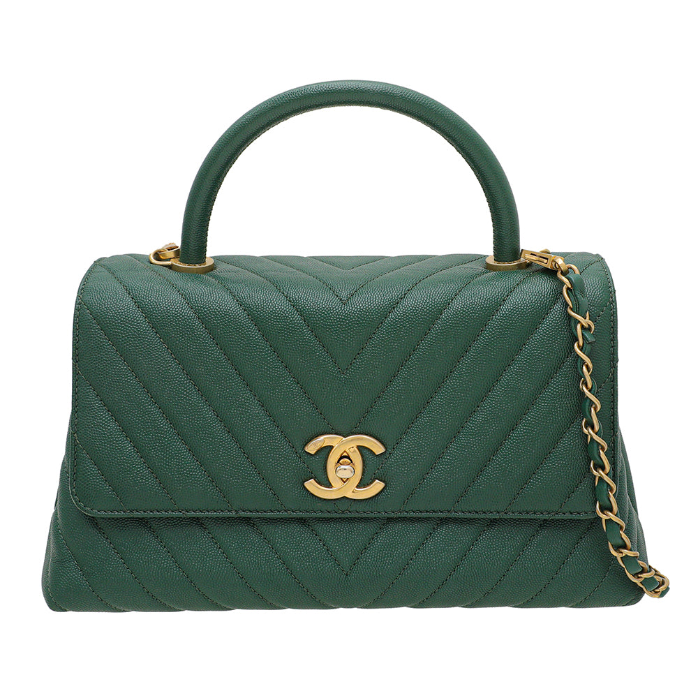 Chanel Olive Green Chevron Coco Handle Small Bag