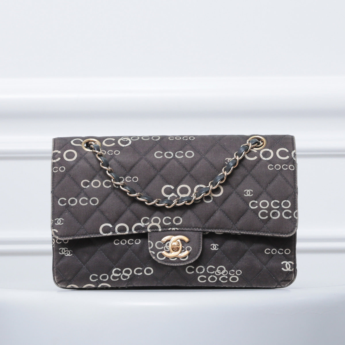 Chanel Black Coco Print Fabric Double Flap Medium-Chanel-THE CLOSET