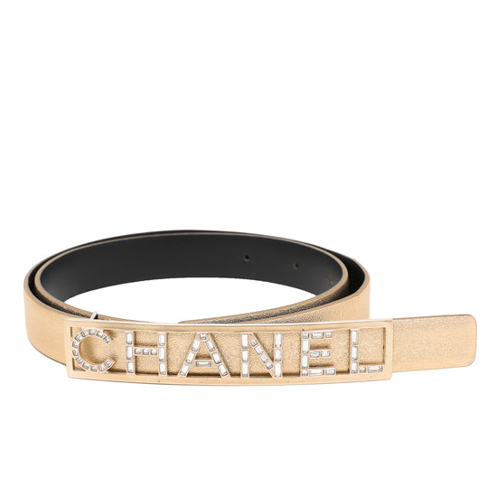 Chanel Metallic Gold Crystal Baguette Logo Belt 70