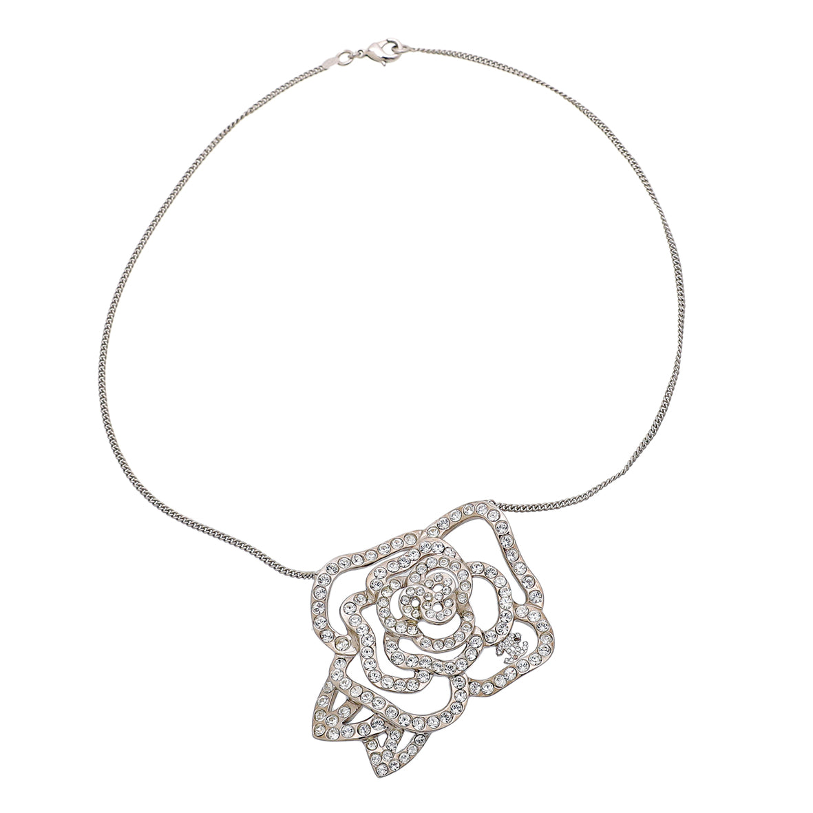 Chanel White Crystal Camellia Pendant Necklace
