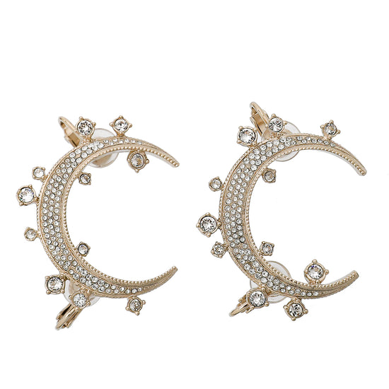 Chanel Light Gold Crystal CC Moon Clip on Cuff Earrings