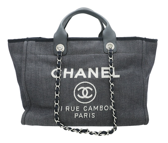 Chanel Navy Blue Denim Deauville Shopping Tote Bag