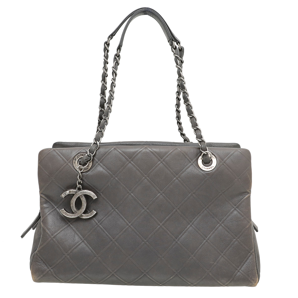 Chanel Gray Diamond Embossed CC Charm Tote Bag-Chanel-THE CLOSET