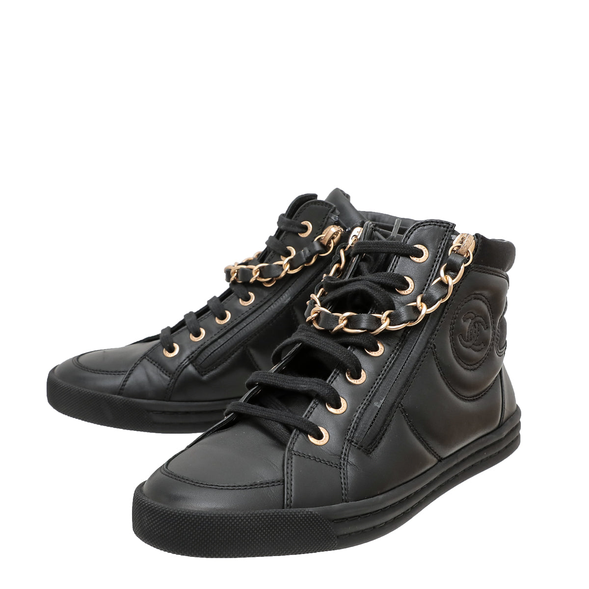 Chanel Black Double Zip Chain Detail High Top Sneakers 36-Chanel-THE CLOSET
