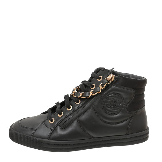 Chanel Black Double Zip Chain Detail High Top Sneakers 36