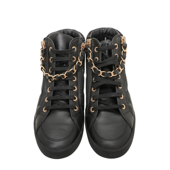 Chanel Black Double Zip Chain Detail High Top Sneakers 36