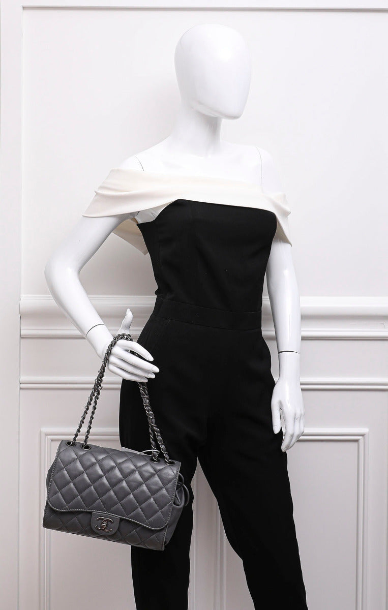 Chanel Gray Drawstring Shopping Flap Bag