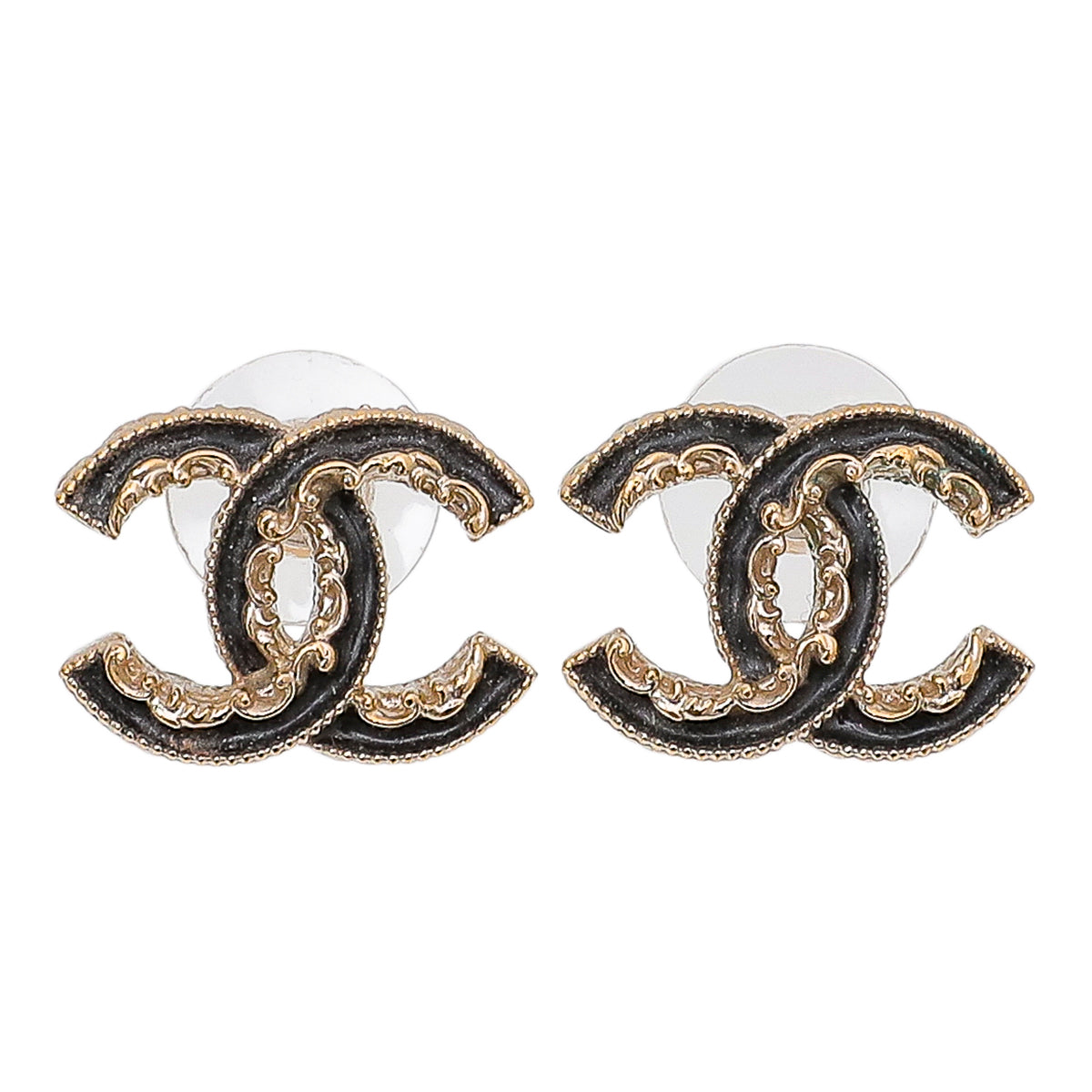 Chanel Black CC Enamel Baroque Stud Earrings-Chanel-THE CLOSET