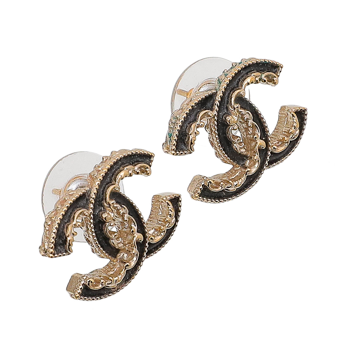 Chanel Black CC Enamel Baroque Stud Earrings