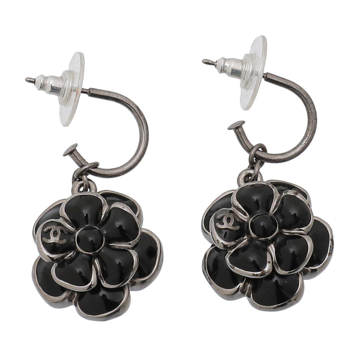 Chanel Black Enamel Camellia Hook Drop Earrings-Chanel-THE CLOSET