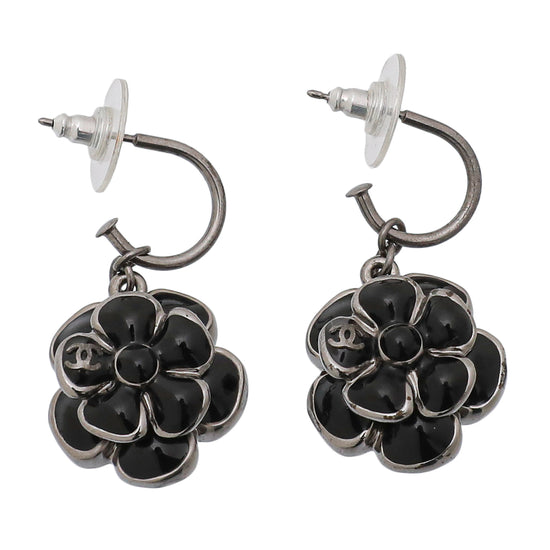 Chanel Black Enamel Camellia Hook Drop Earrings