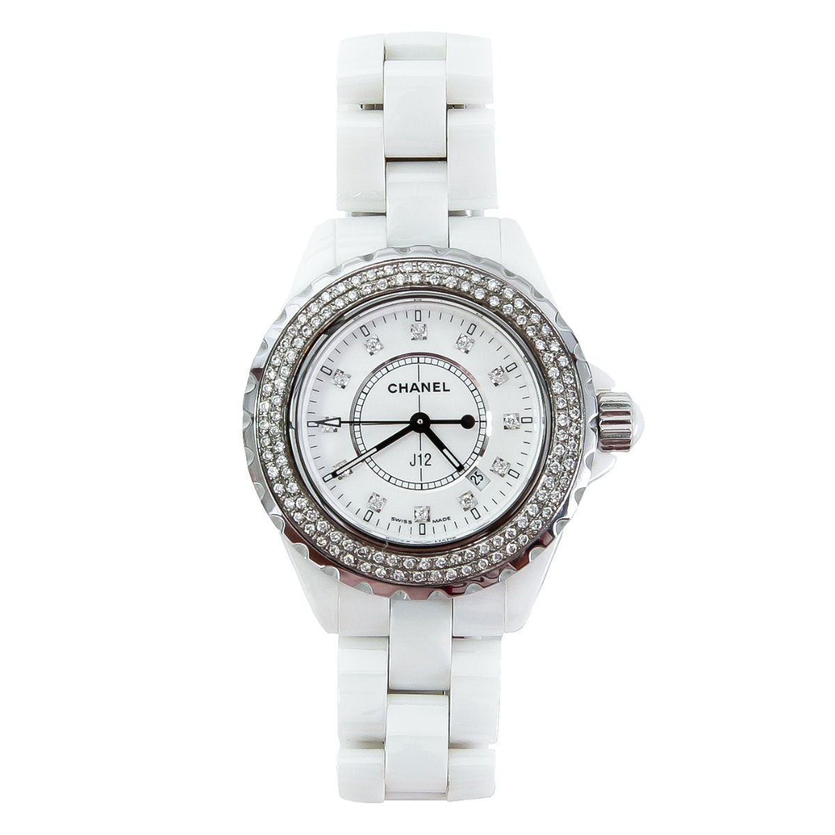 Chanel White Ceramic Diamond J12 Watch
