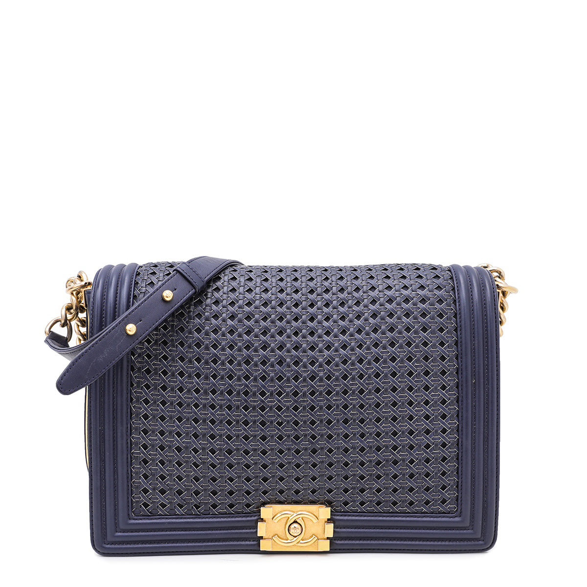 Chanel Navy Blue Le Boy Braided Sheepskin Reverso Flap Large Bag-Chanel-THE CLOSET