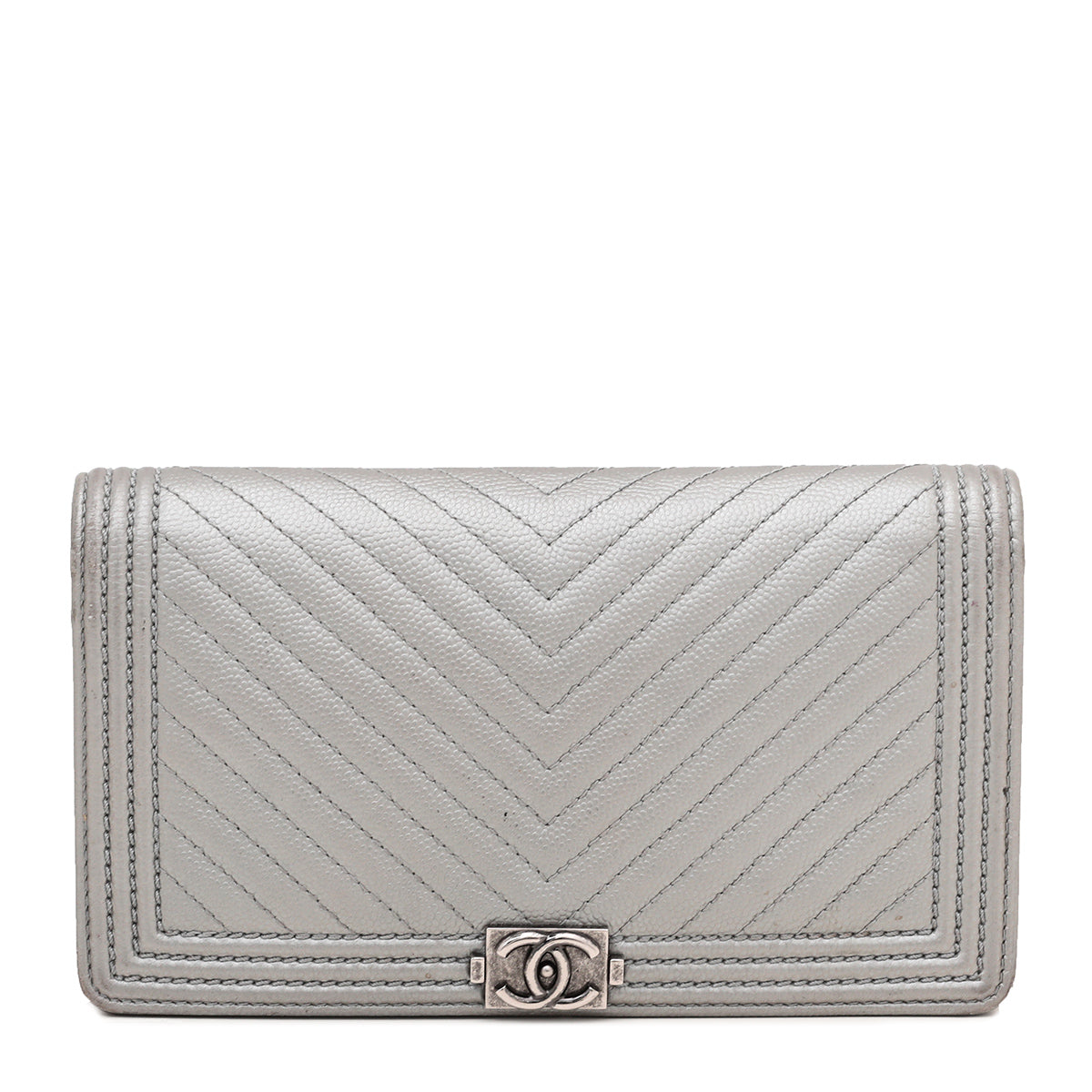Chanel Grey Silver Le Boy Chevron Yen Wallet-Chanel-THE CLOSET