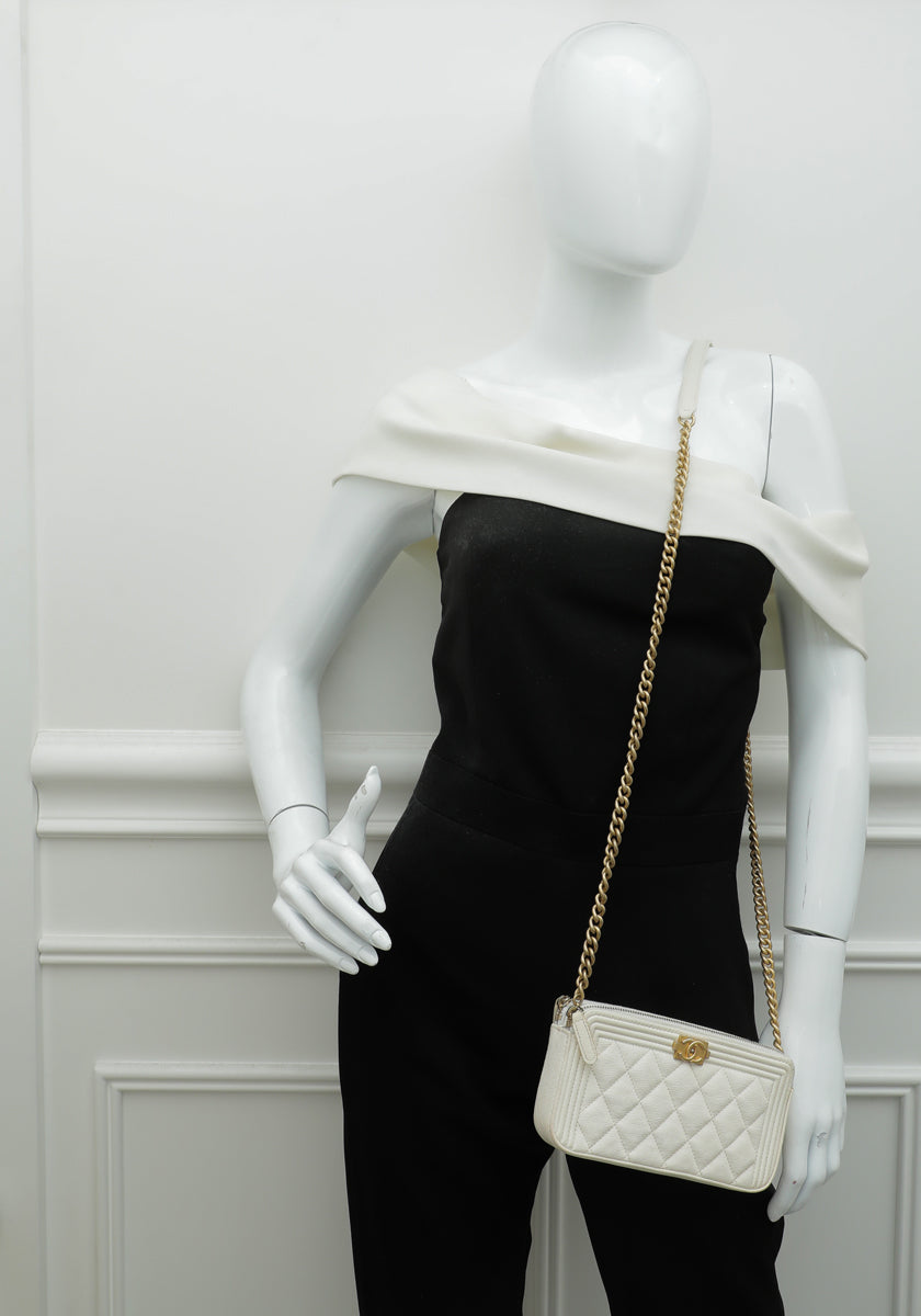 Chanel White Le Boy Double Zip Around Wallet On Chain-Chanel-THE CLOSET