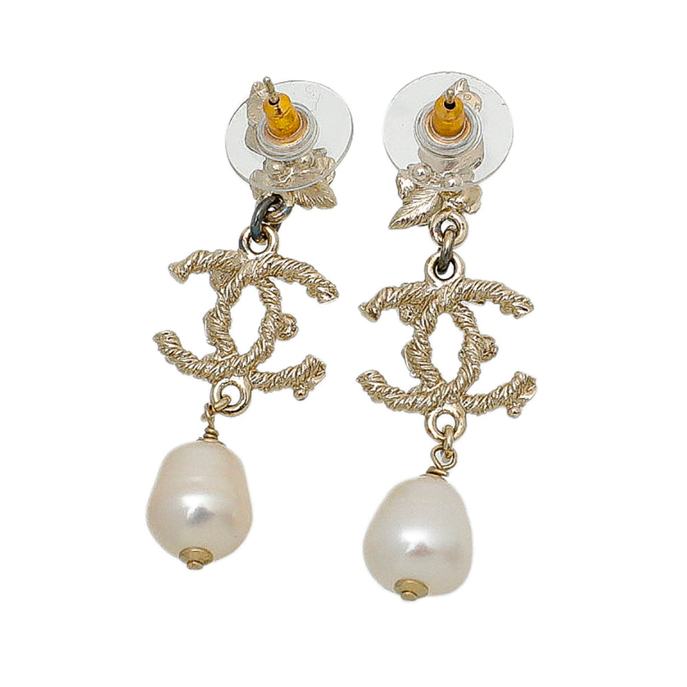 Chanel Light Gold Leaf CC Drop Cultured Pearl Studded Earrings-Chanel-THE CLOSET