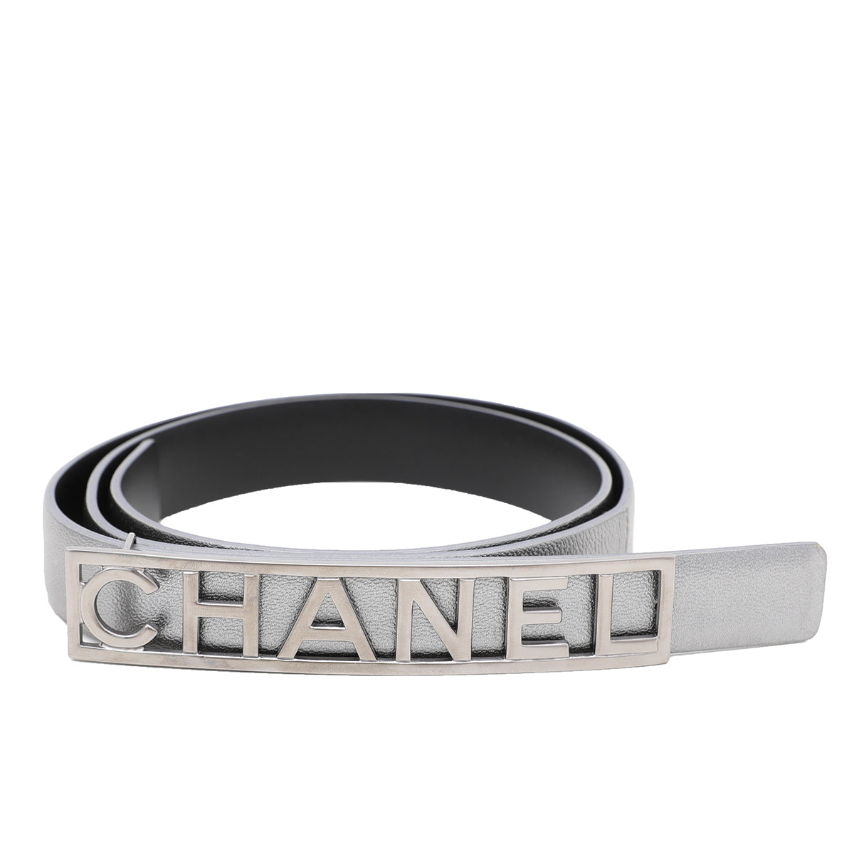 Chanel Metallic Gray Logo Buckle Belt 70