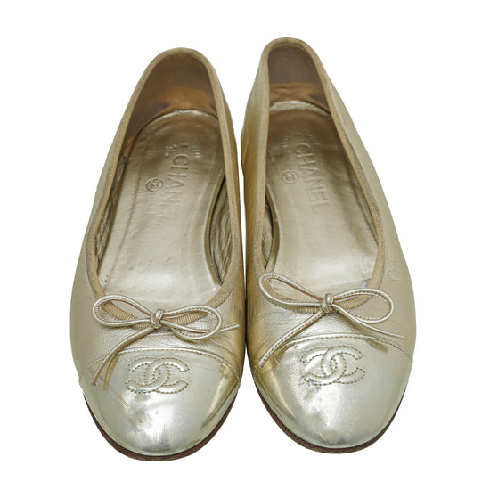 Chanel Metallic Gold Glittered Cap Toe Ballerina Flats 39