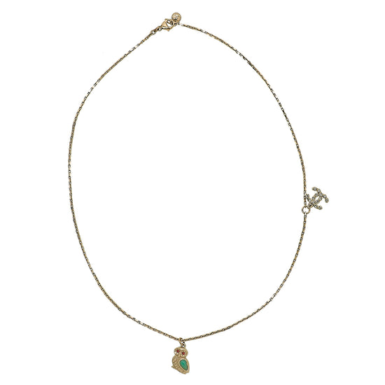 Chanel Light Gold Owl CC Rhinestones Necklace