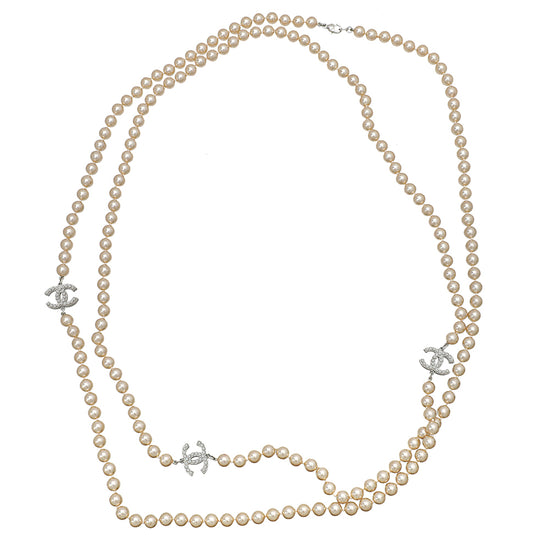 Chanel White Pearl CC Long Necklace