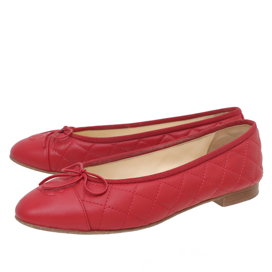 Chanel Red Quilted Cap Toe Ballerina Flats 38.5