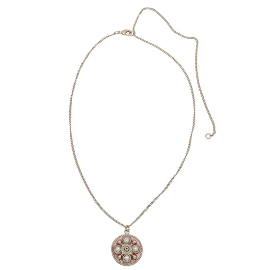 Chanel Pink Round CC Pearl Enamel Pendant Necklace