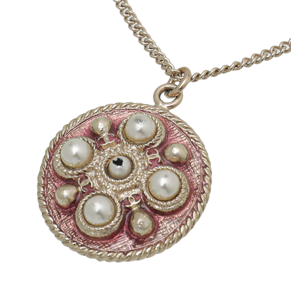 Chanel Pink Round CC Pearl Enamel Pendant Necklace