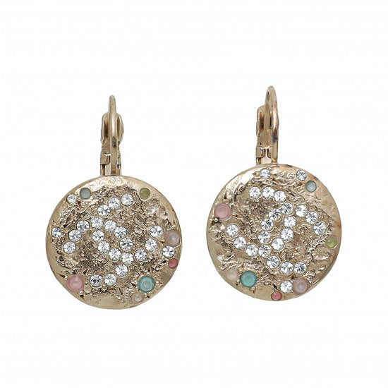 Chanel Light Gold Round Plate CC Crystal Earrings