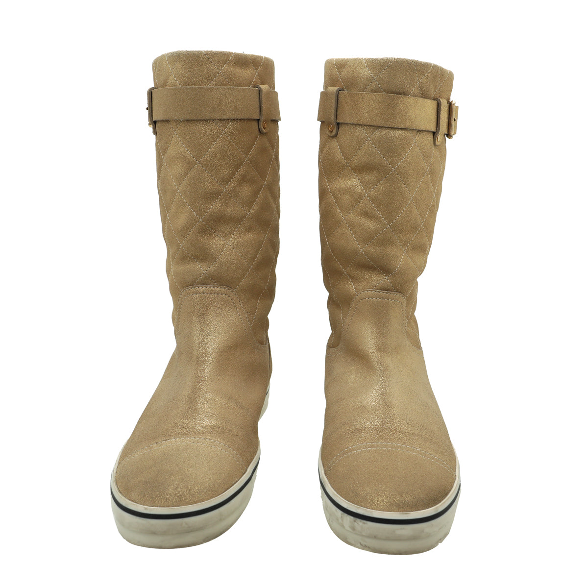 Chanel Metallic Gold Shimmer Suede Mid Flat Boots 37-Chanel-THE CLOSET