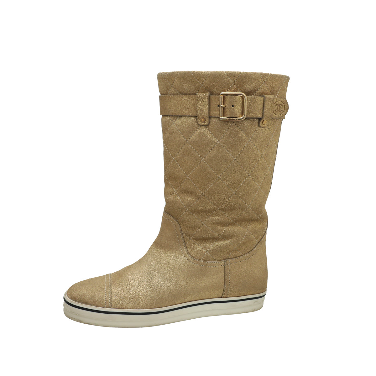 Chanel Metallic Gold Shimmer Suede Mid Flat Boots 37-Chanel-THE CLOSET