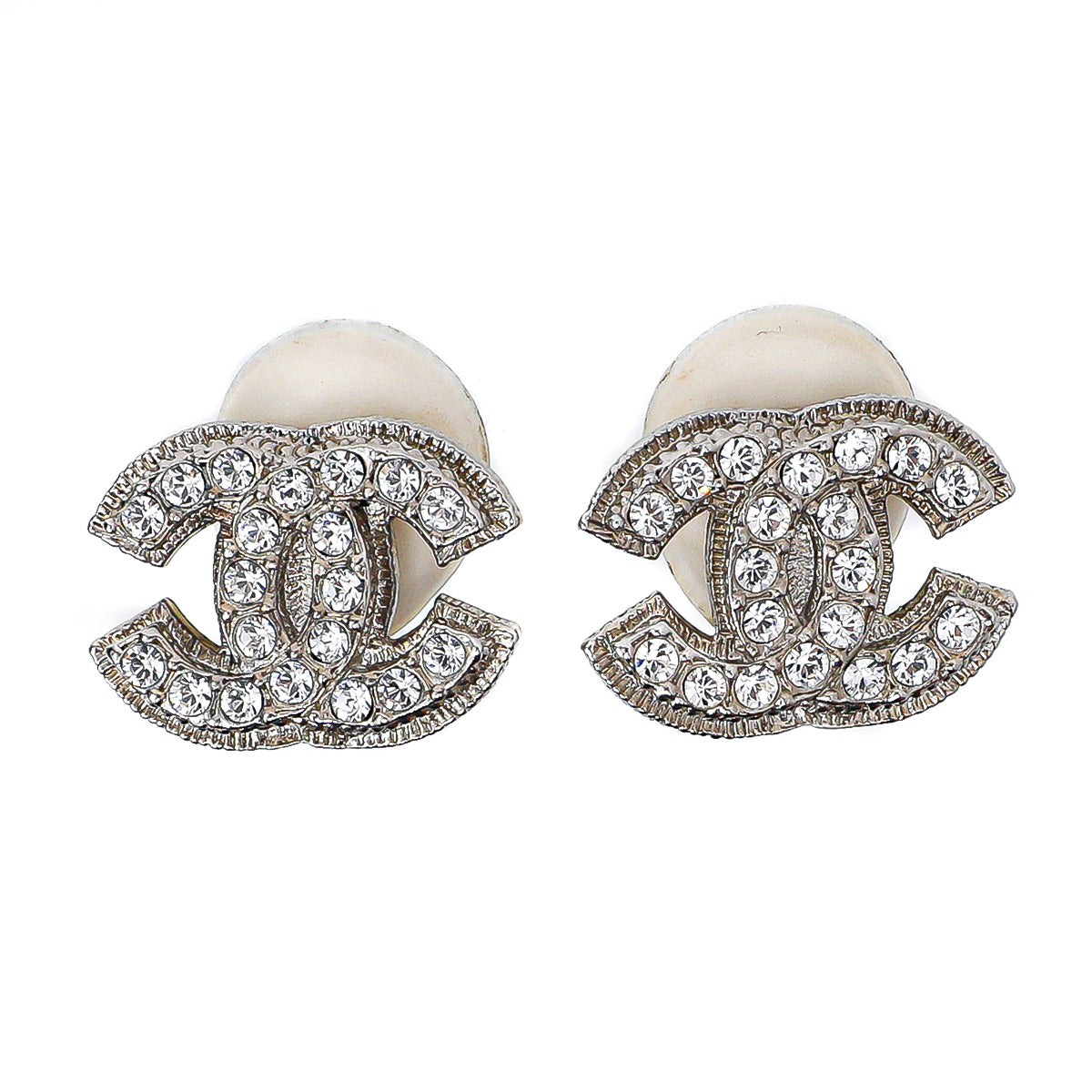 Chanel Silvertone CC Rhinestones Clip On Earrings-Chanel-THE CLOSET