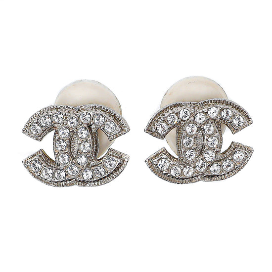 Chanel Silvertone CC Rhinestones Clip On Earrings