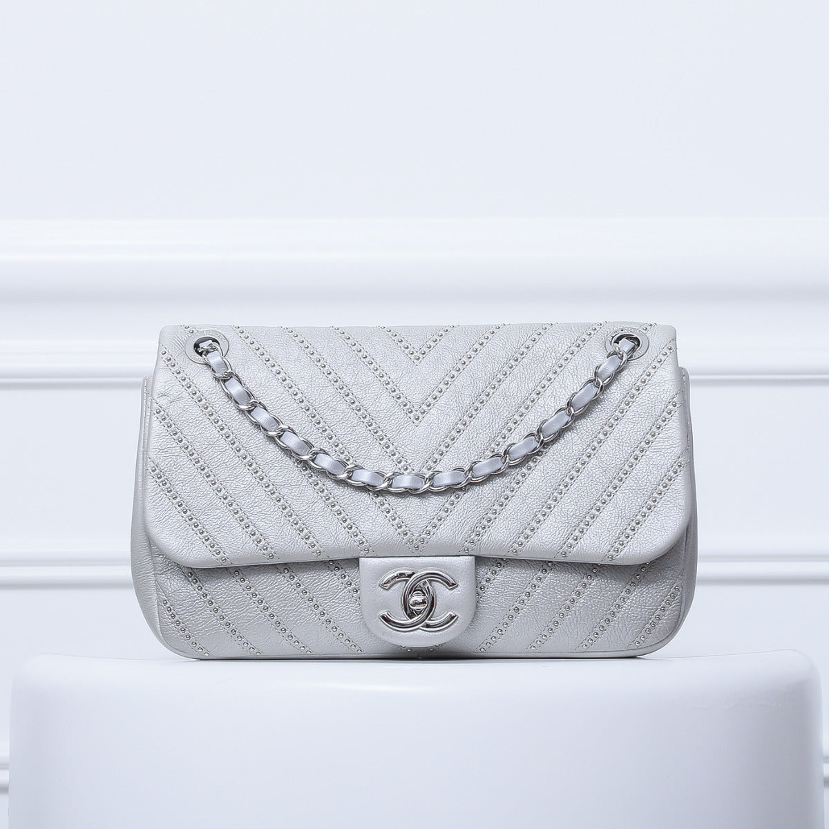 Chanel Silver Grey Studded Chevron Flap-Chanel-THE CLOSET