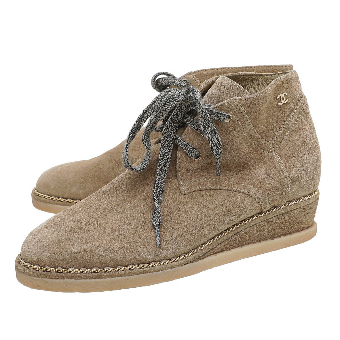 Chanel Brown Suede Chain Link Wedge Ankle Boots 36.5-Chanel-THE CLOSET