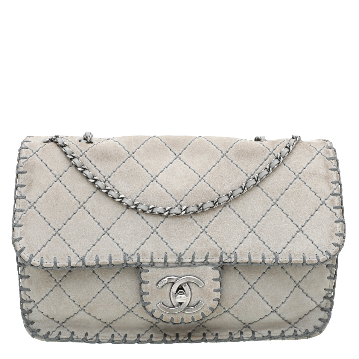 Chanel Gray Suede Stitch Flap Bag-Chanel-THE CLOSET