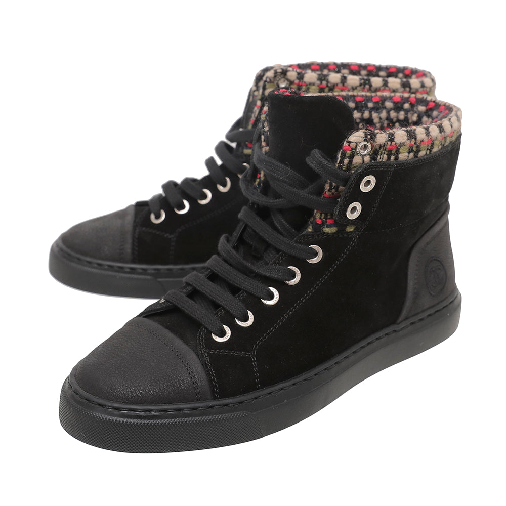 Chanel Black Suede Tweed High Top Sneakers 36.5-Chanel-THE CLOSET