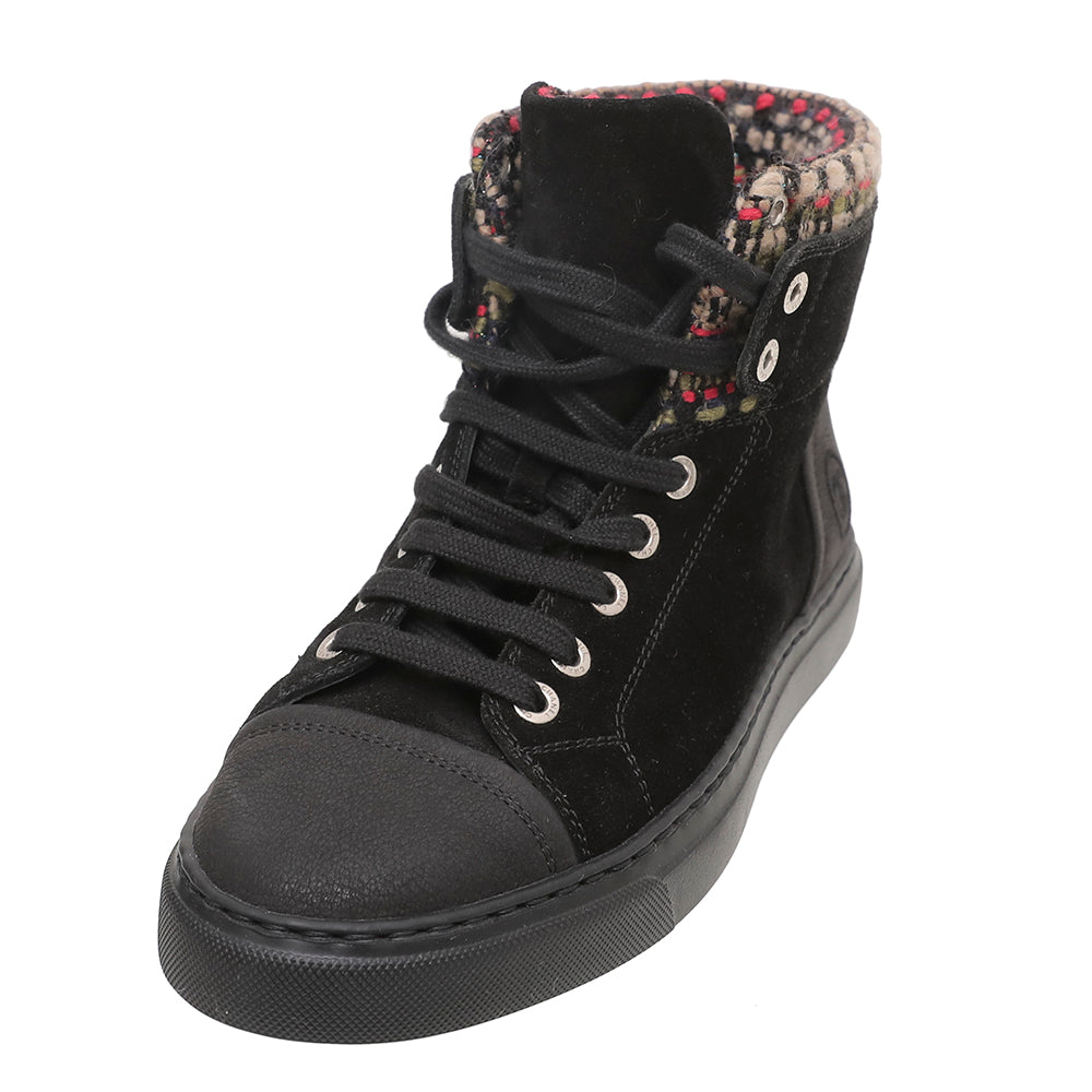 Chanel Black Suede Tweed High Top Sneakers 36.5-Chanel-THE CLOSET