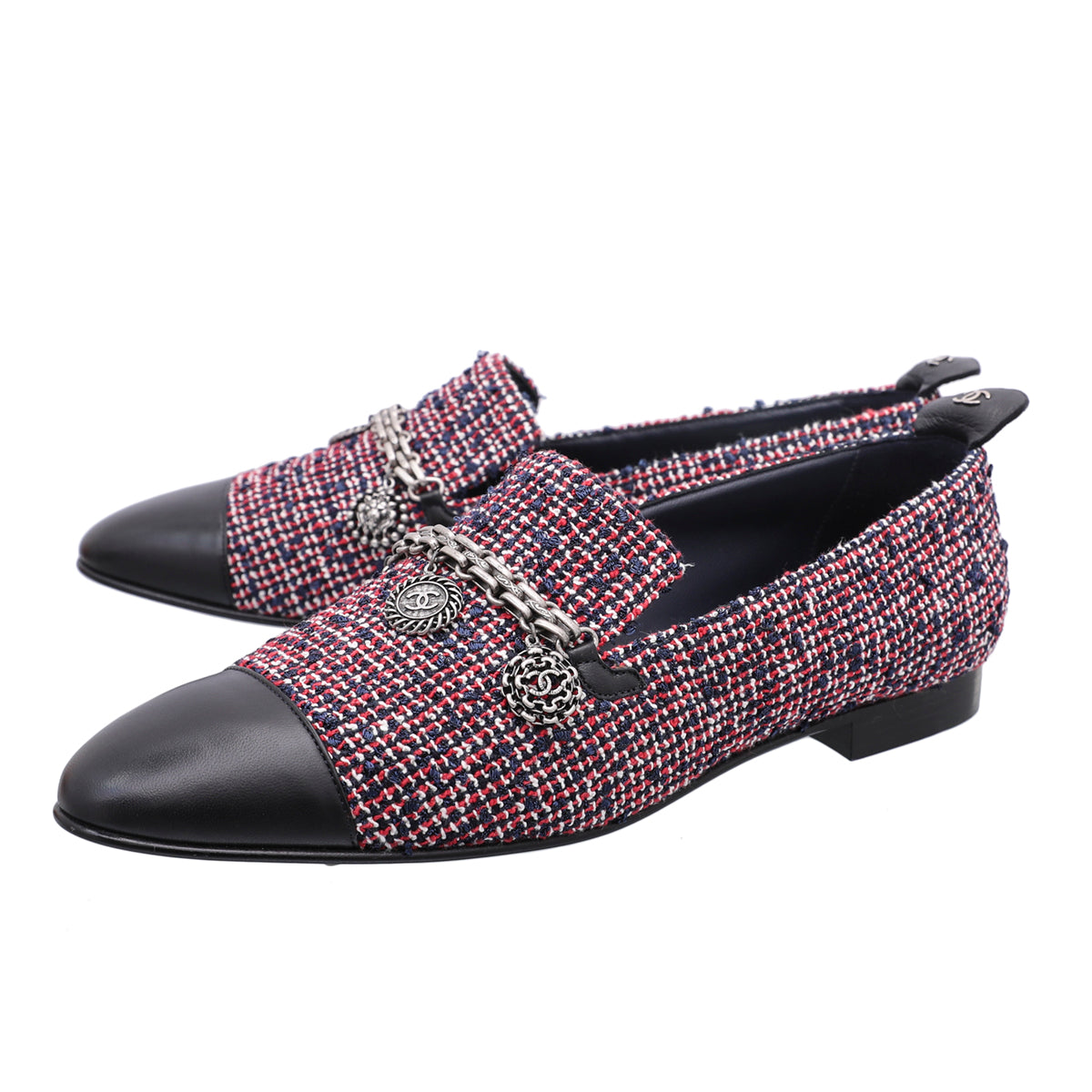 Chanel Multicolor Tweed And Chain Link moccasin Loafers 39.5-Chanel-THE CLOSET